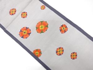 縞に花模様織り出し　袋帯